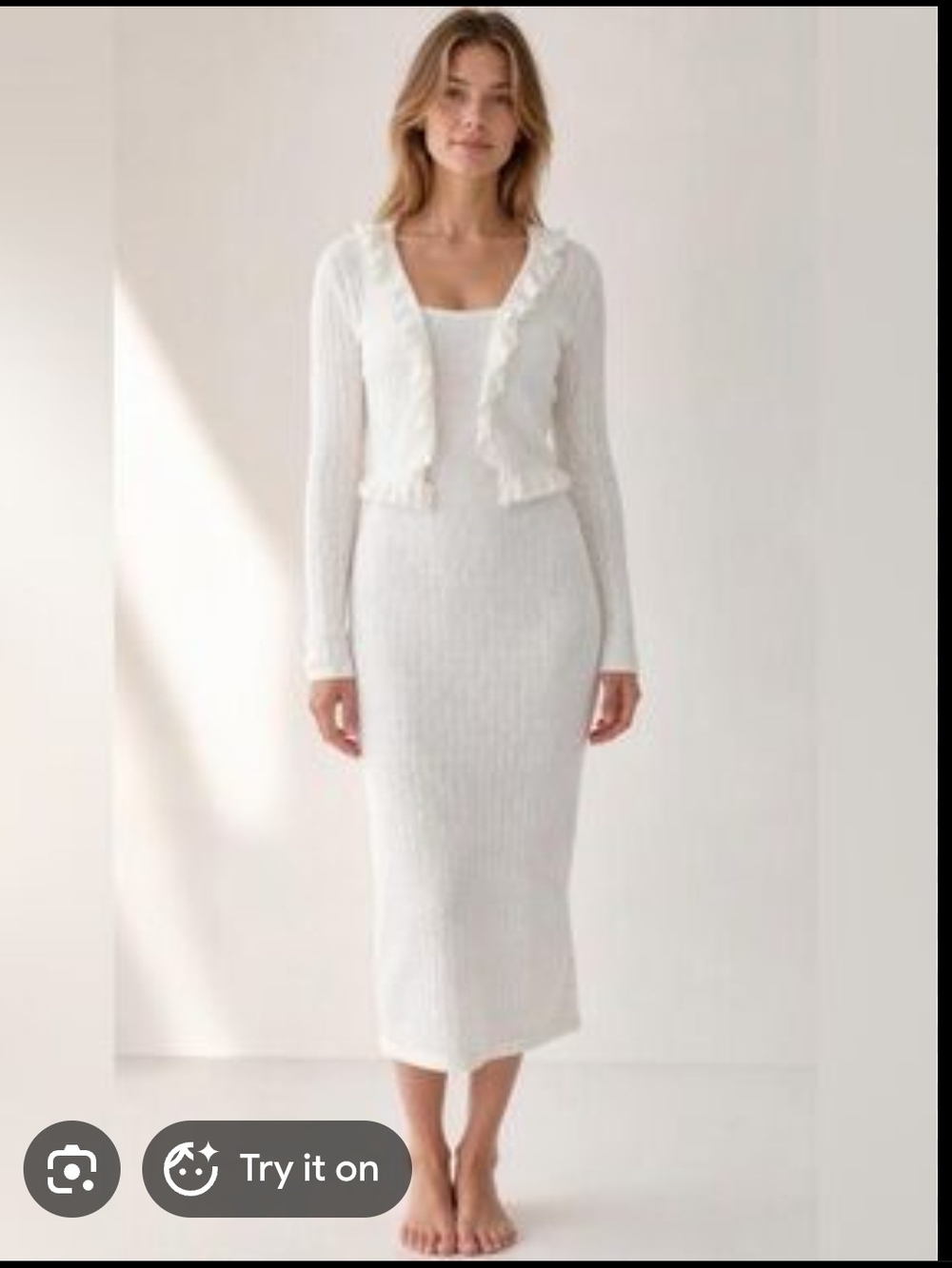 White Ruffle Dress Cardigan Set